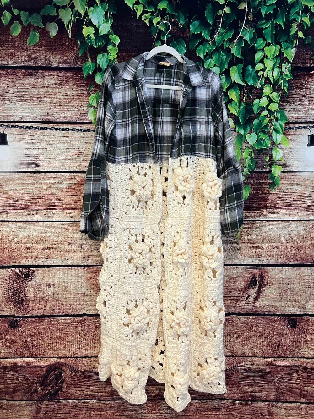 Flared Bell Sleeve Flannel Afghan Upcycled Duster Cardigan Plaid Floral One Size